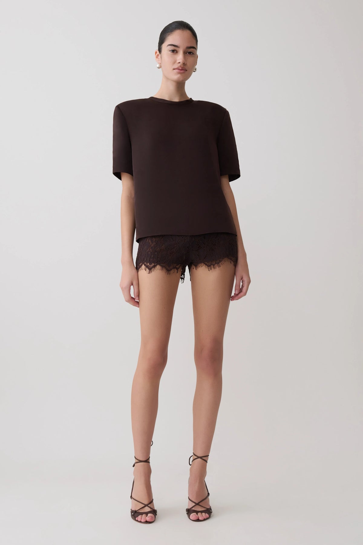 Harlyn Shoulder Pad Short Sleeve Satin Top Dark Chocolate