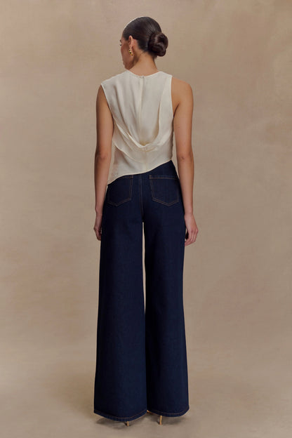 Miranda Faux Suede Belted Denim Wide Leg Jeans Indigo Blue