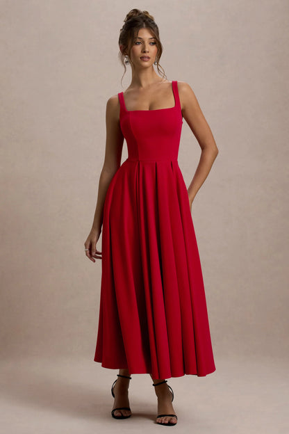 Parina Red Strappy Volume Hem Midi Dress