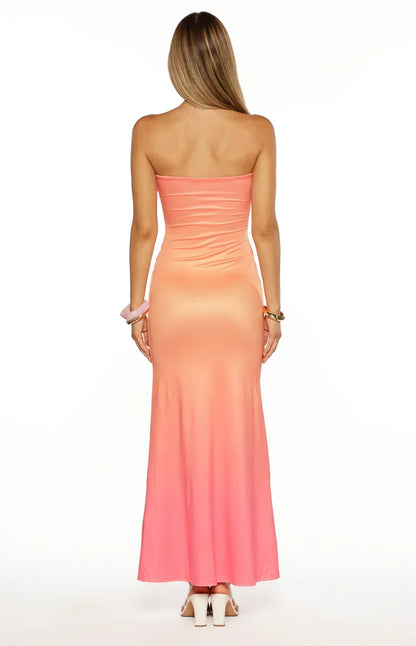 Summa Pink Ombre Hibiscus Strapless Maxi Dress