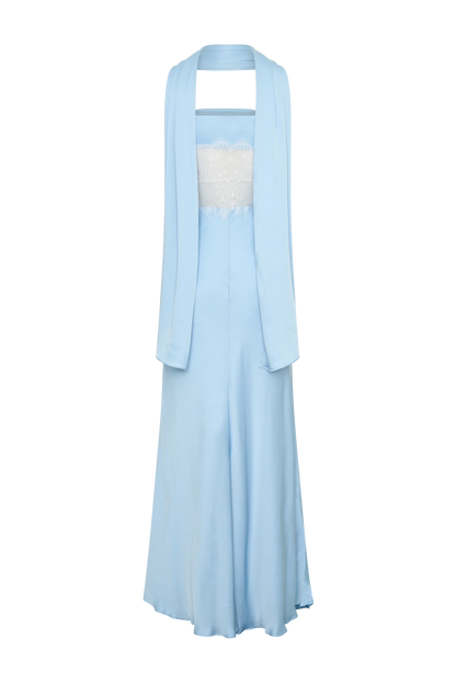 Pilar Strapless Satin And Lace Maxi Dress Cornflower Blue
