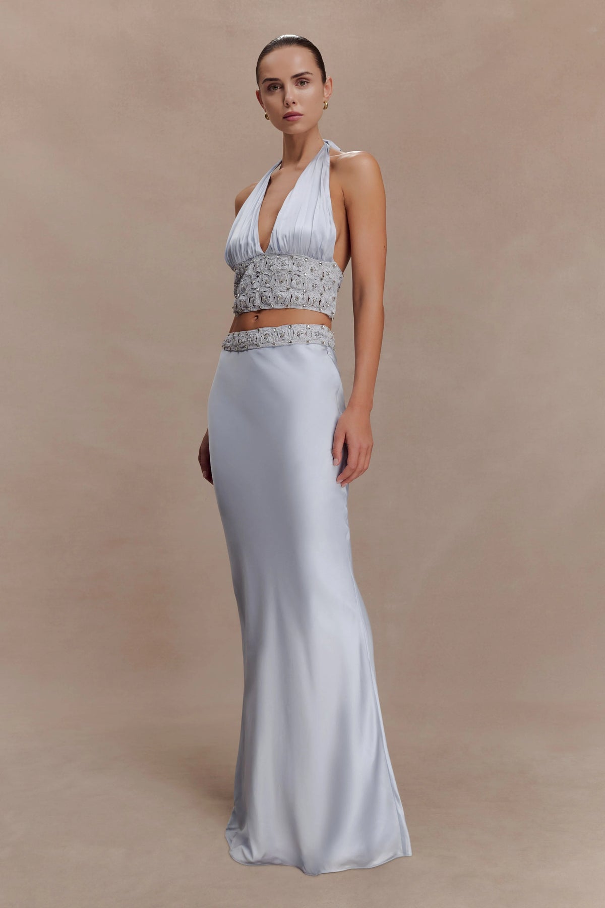 Clementine Chiffon Hand Beaded Top Pale Blue