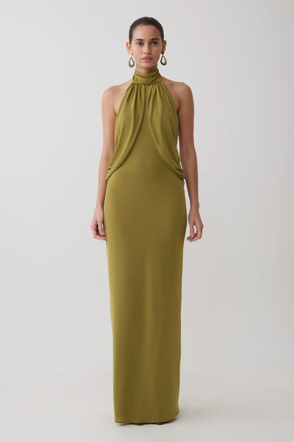 Joan Halter Neck Slinky Maxi Dress Martini Olive