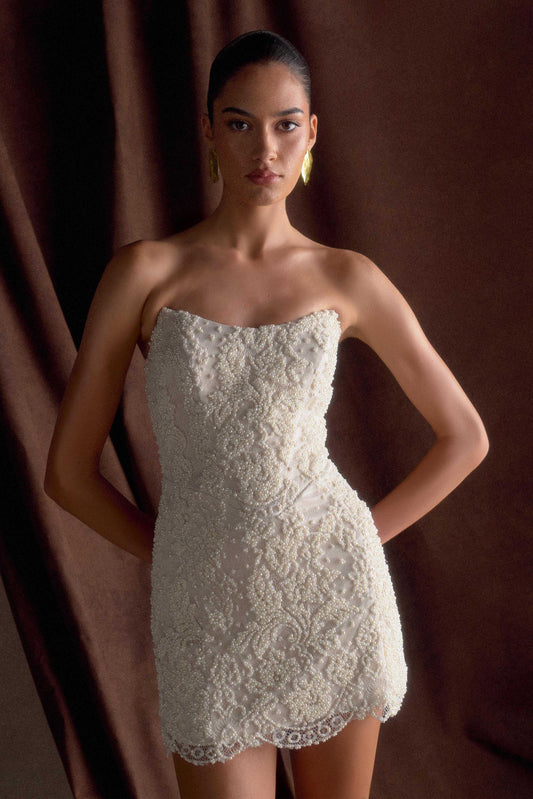 Eva Hand Beaded Pearl Lace Mini Dress White