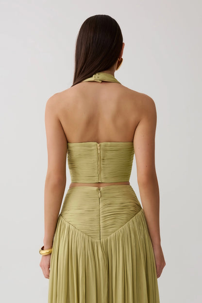 Makena Gathered V Neck Top Green