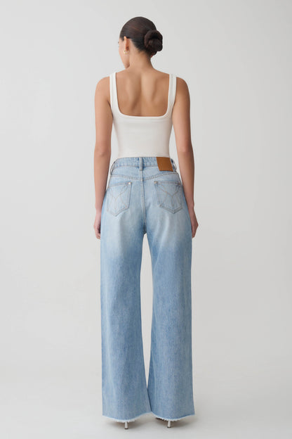 Sebastian Straight Leg Denim Jeans With Fray Hem Washed Light Blue