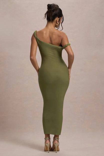 Salome Olive Twisted Asymmetric Midi Dress