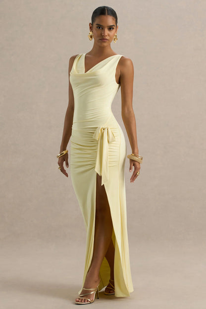 Pure Affection Pale Lemon Cowl Neck Maxi Dress With Ruched Detailing And Front High Split