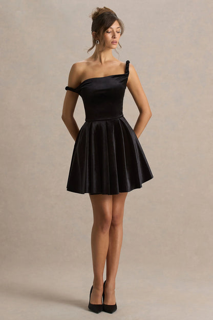 Leticia Black Asymmetric Neck Velvet Mini Dress With Twist Sleeve