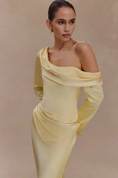 Iris Long Sleeve Satin Maxi Dress Lemon