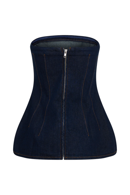 Madelyn Strapless Longline Denim Top Indigo Blue
