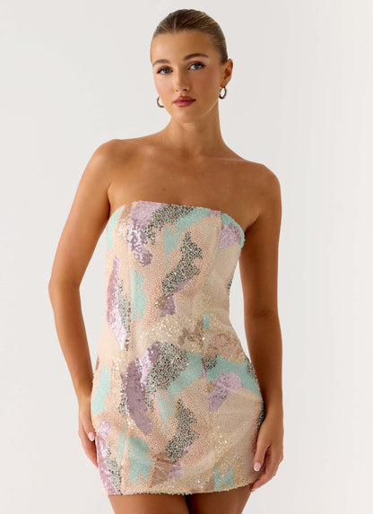 Leena Strapless Beaded Mini Dress Swirl Sequin