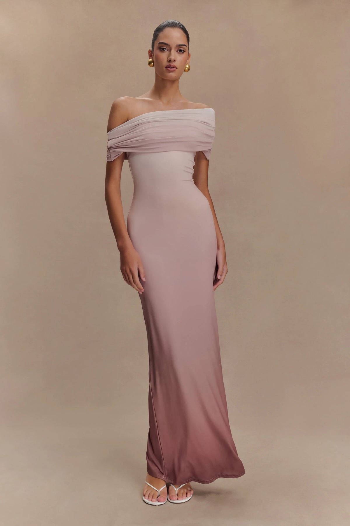 Cassandra Off Shoulder Slinky Maxi Dress Neutral Ombre