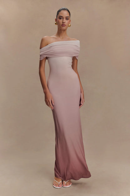 Cassandra Off Shoulder Slinky Maxi Dress Neutral Ombre