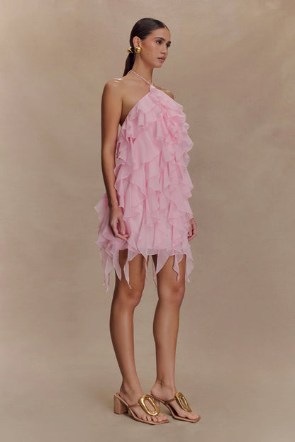 Marigold Ruffle Halter Mini Dress Powder Pink