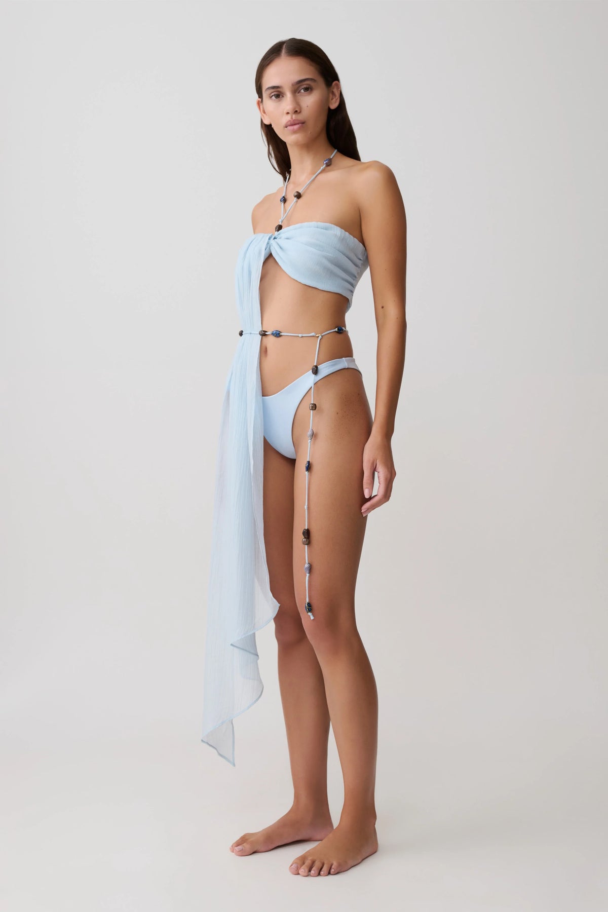 Kai Beaded Draped Scarf Top Pale Blue