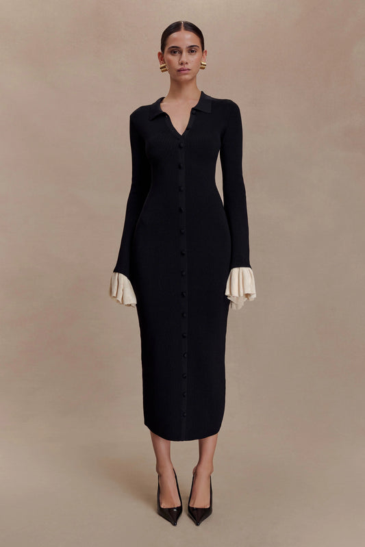 Amirose Ruffle Knit Midi Dress Black
