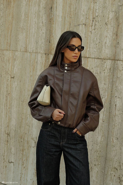 Curtis Faux Leather Bomber Jacket Dark Chocolate