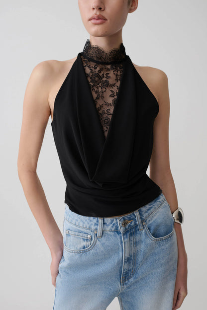 Arra Chiffon Lace Halter Top Black