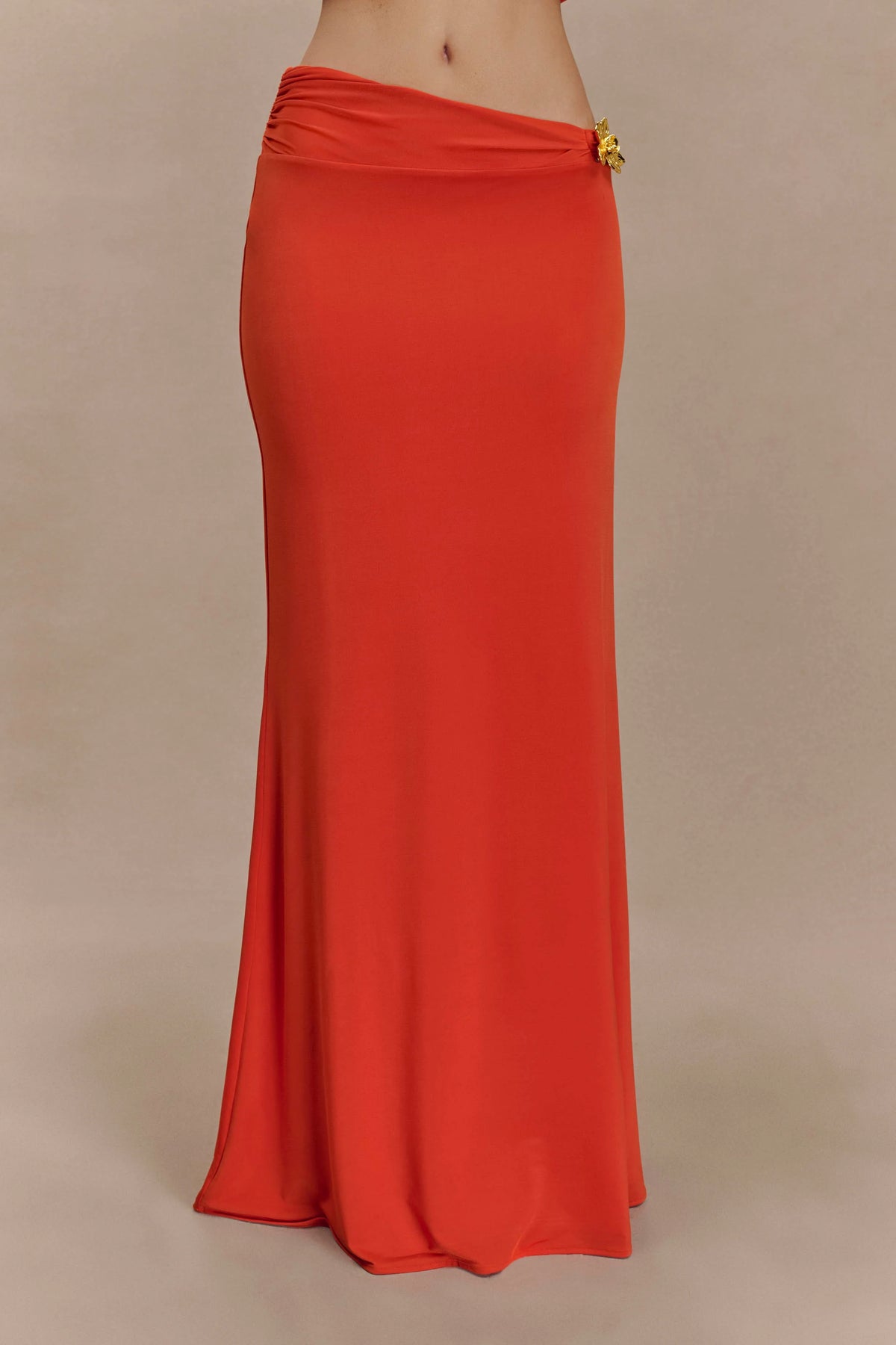 Ainsley Asymmetrical Maxi Skirt With Floral Hardware Burnt Orange