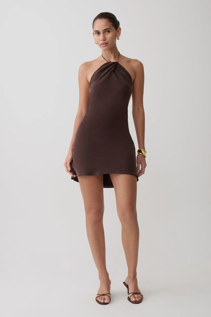 Maggie Cupro Halter Mini Dress Dark Chocolate