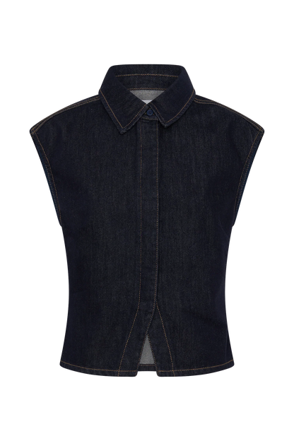 Jeremy Collared Denim Longline Top Washed Indigo Blue