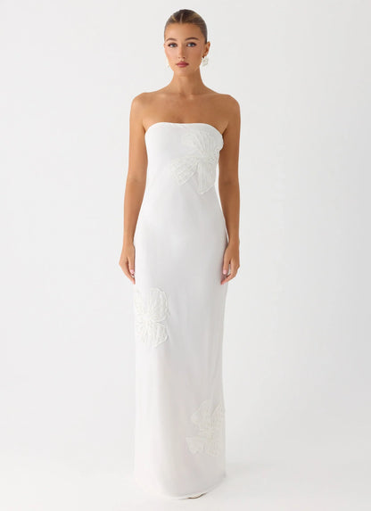 Sassafras Beaded Flower Strapless Maxi Dress White