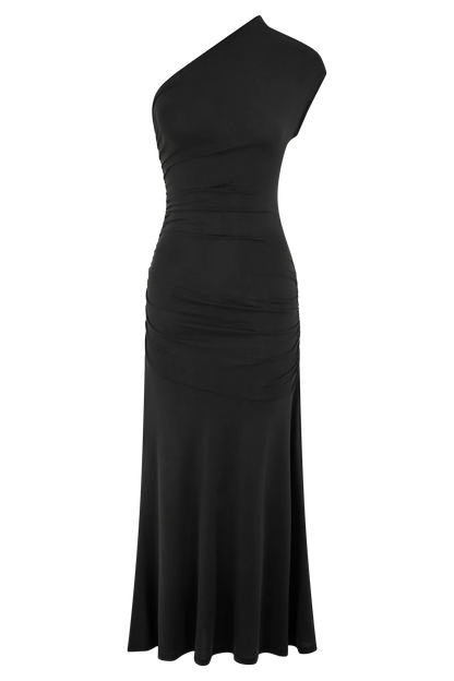Chloe Peached Jersey One Shoulder Midi Dress Black
