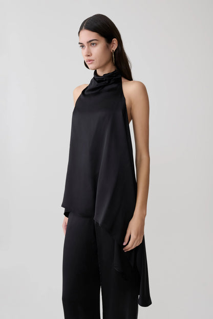 Sydney Asymmetrical Satin Halter Top Black