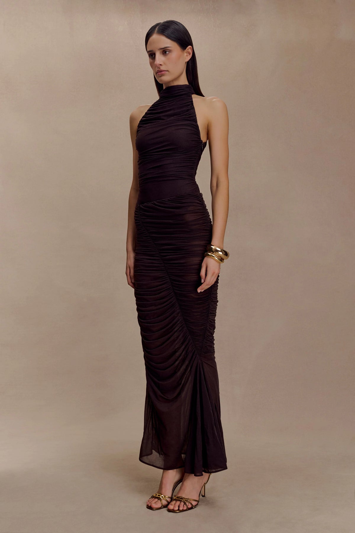 Matilda Ruched Mesh Maxi Skirt Chocolate
