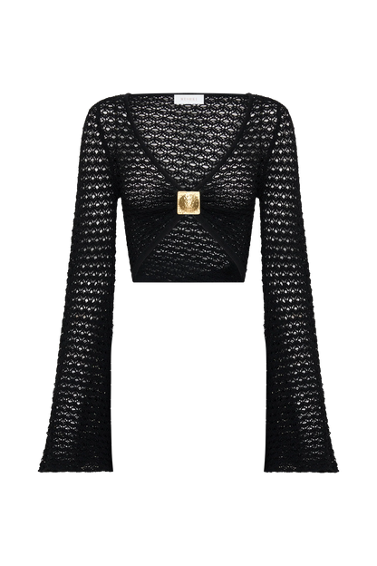Mania Crochet Long Sleeve Cropped Top Black