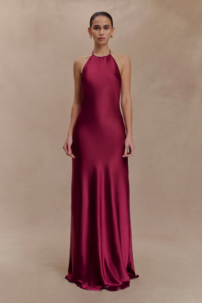 Bella Satin Halter Maxi Dress Mahogany