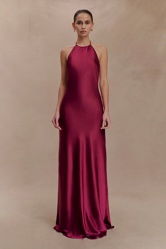Bella Satin Halter Maxi Dress Mahogany