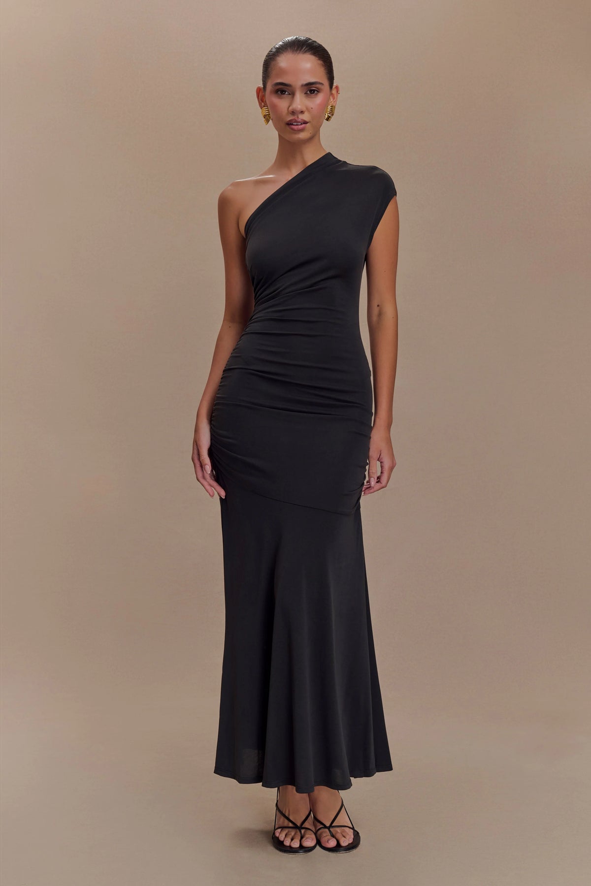 Chloe Peached Jersey One Shoulder Midi Dress Black