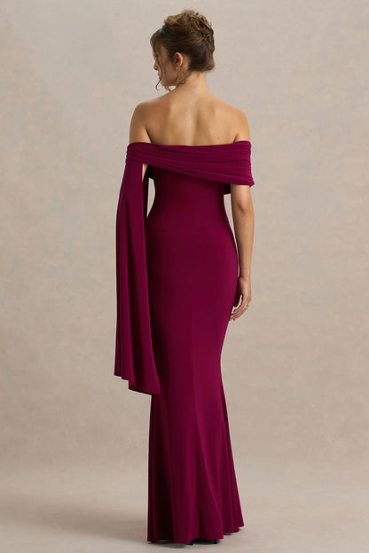 Saffina Burgundy Bardot Neck Maxi Dress With Sash Detail