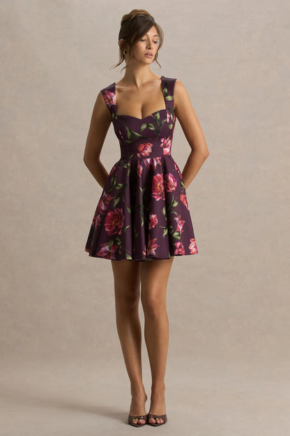 Magic Burgundy Floral Print Sweetheart Neck Mini Dress
