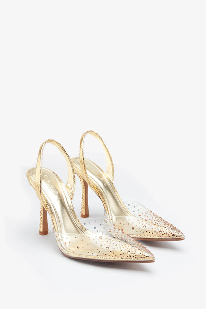 Covergirl Gold Diamante Sling Back Pointed Heels