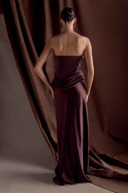 Jasmine Strapless Satin Maxi Dress Dark Chocolate