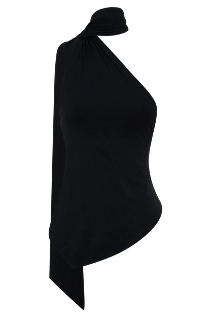 Jemma One Shoulder Tie Top Black