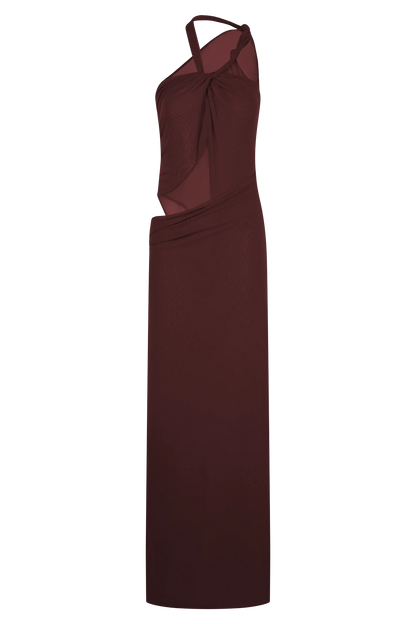 Edwina Knotted Mesh Maxi Dress Mahogany
