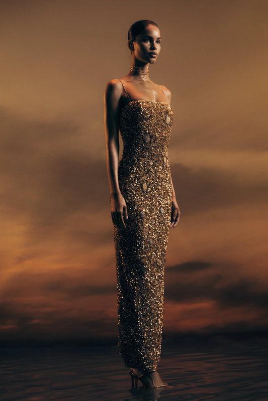 Porter Hand Beaded Midi Dress Gold