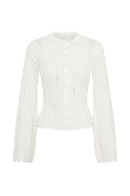 Darlene Pointelle Knit Long Sleeve Top White