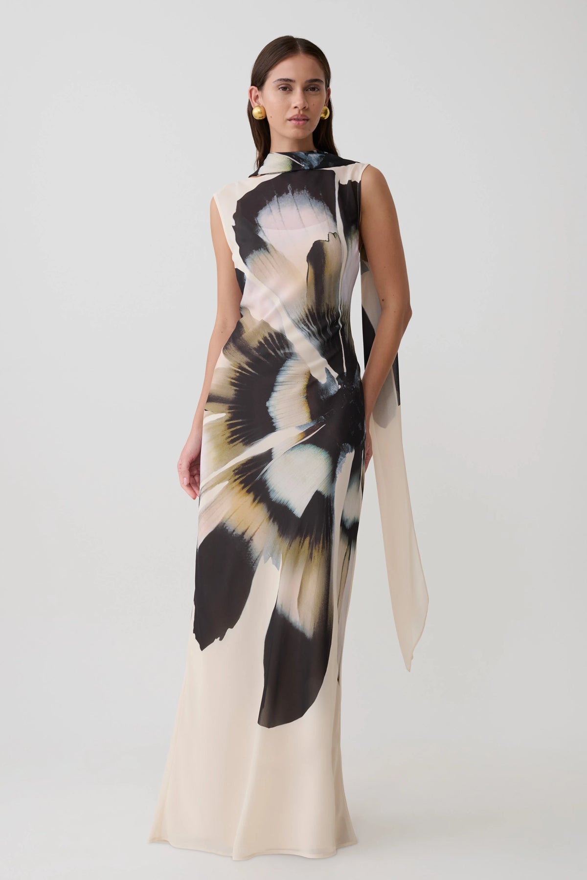Dakota Chiffon Maxi Dress With Scarf Ivory Oversized Floral Print