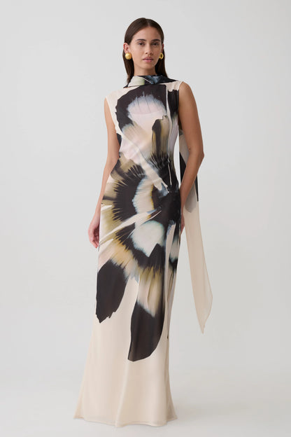 Dakota Chiffon Maxi Dress With Scarf Ivory Oversized Floral Print