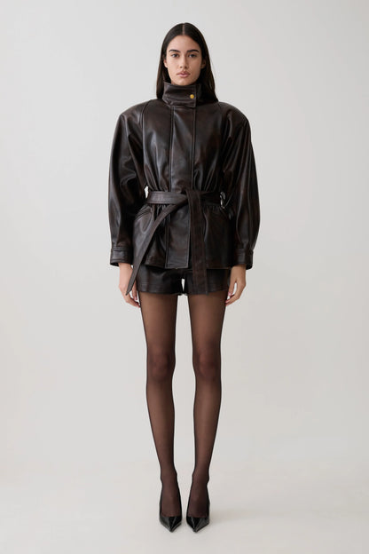 Adaline Faux Leather Cinch Waist Jacket Dark Chocolate