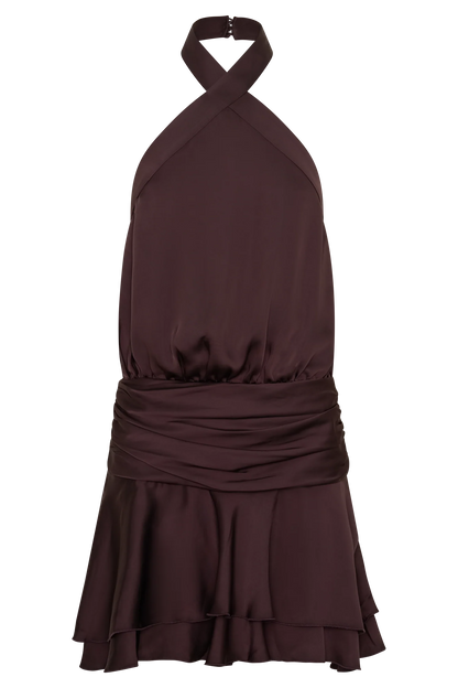 Poppy Satin Halter Mini Dress Chocolate