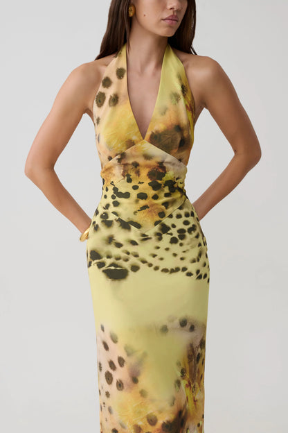 Valentina Chiffon Halter Maxi Dress Yellow Floral Leopard Print