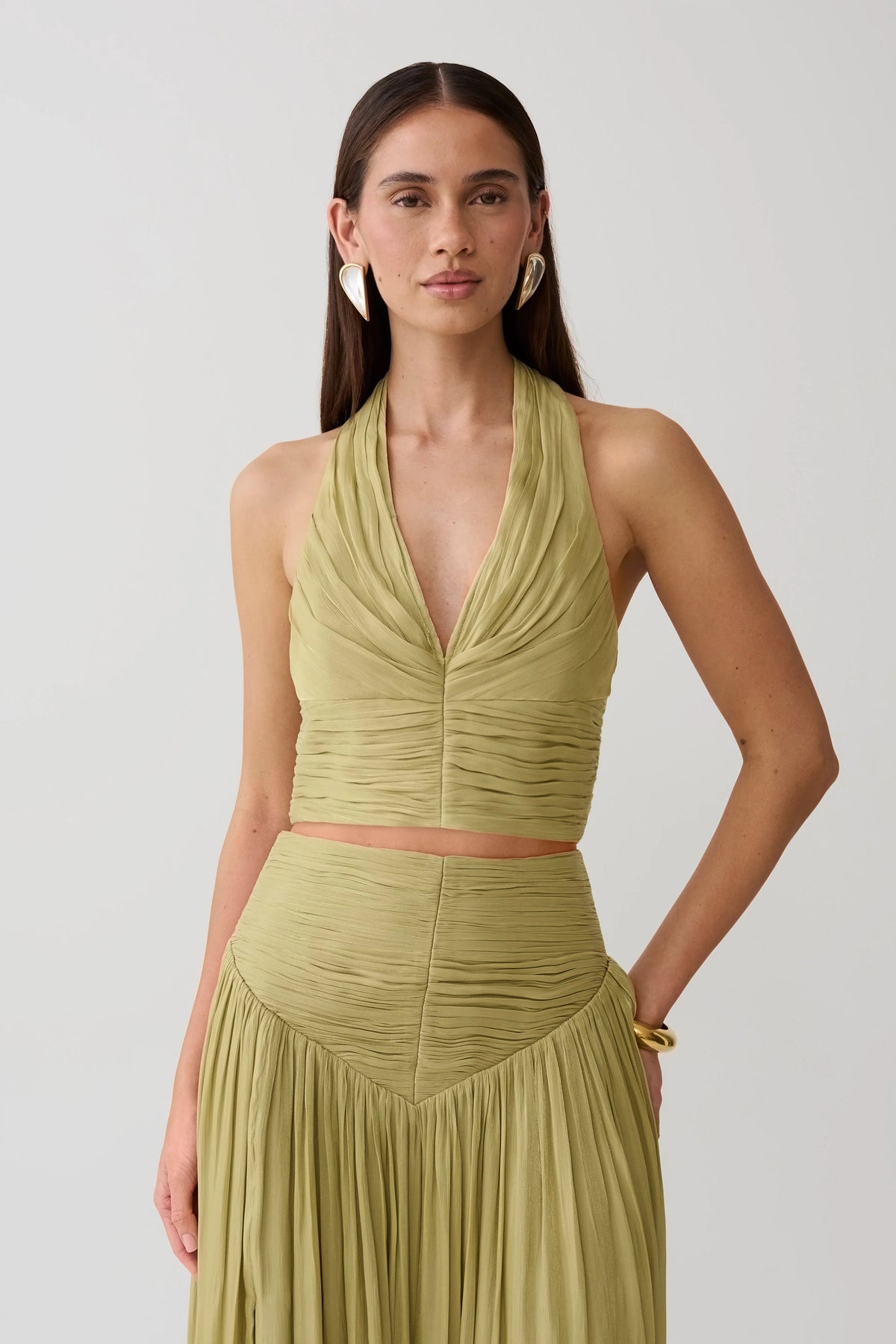 Makena Gathered V Neck Top Green