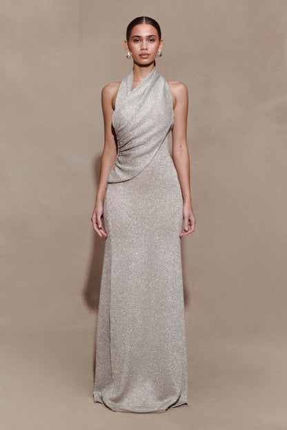 Elma Lurex Knit Halter Maxi Dress Silver