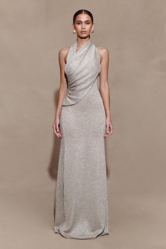 Elma Lurex Knit Halter Maxi Dress Silver